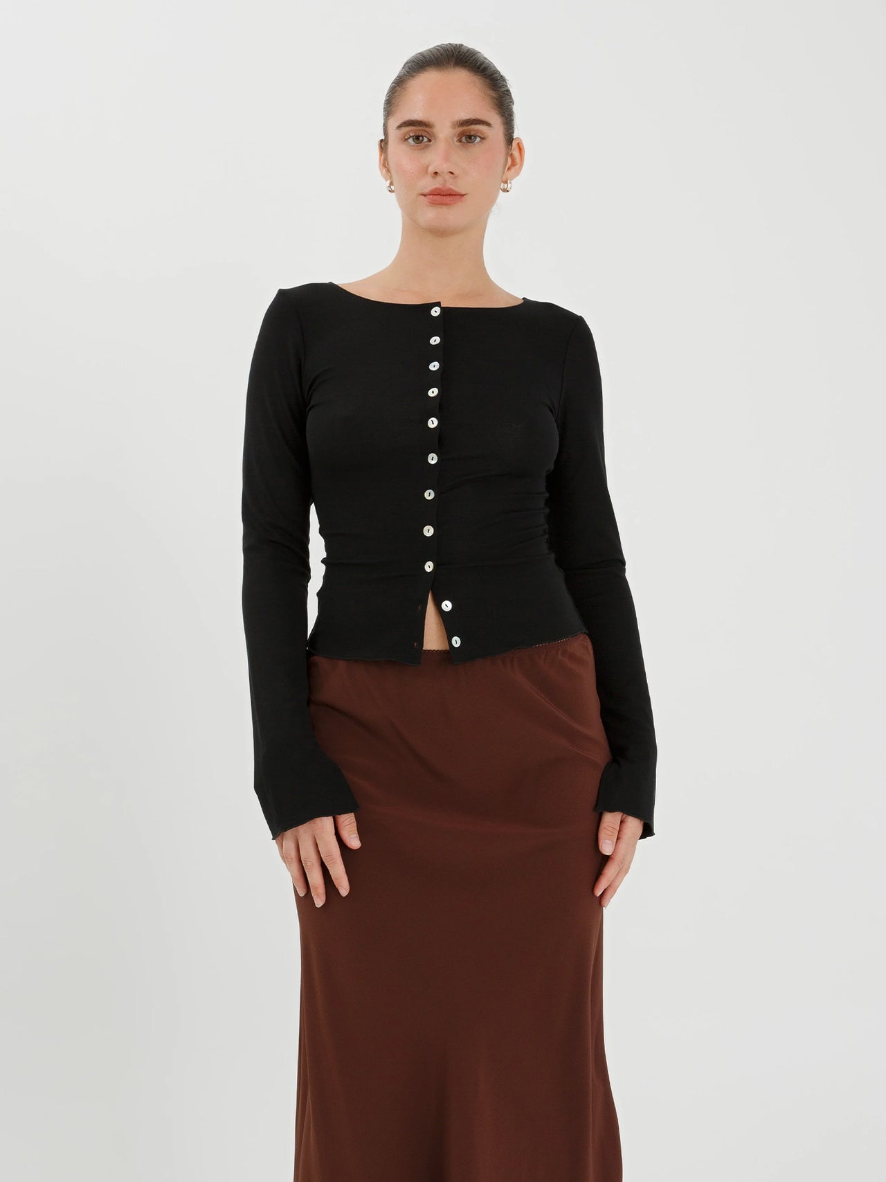 Olga Joan Button-Through Long Sleeve Top Nera