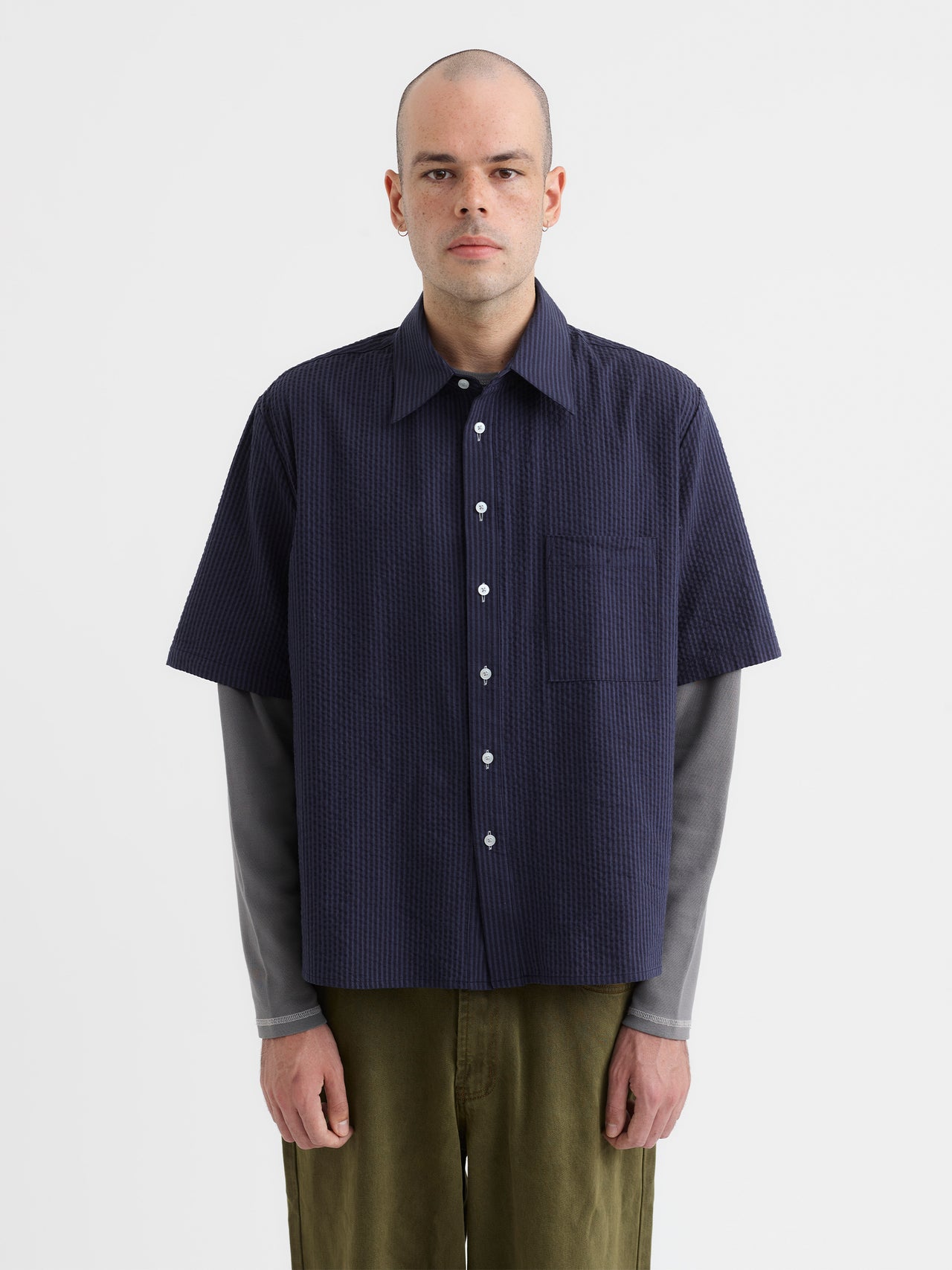 PSEUSHI Short Sleeve Seersucker Shirt Navy