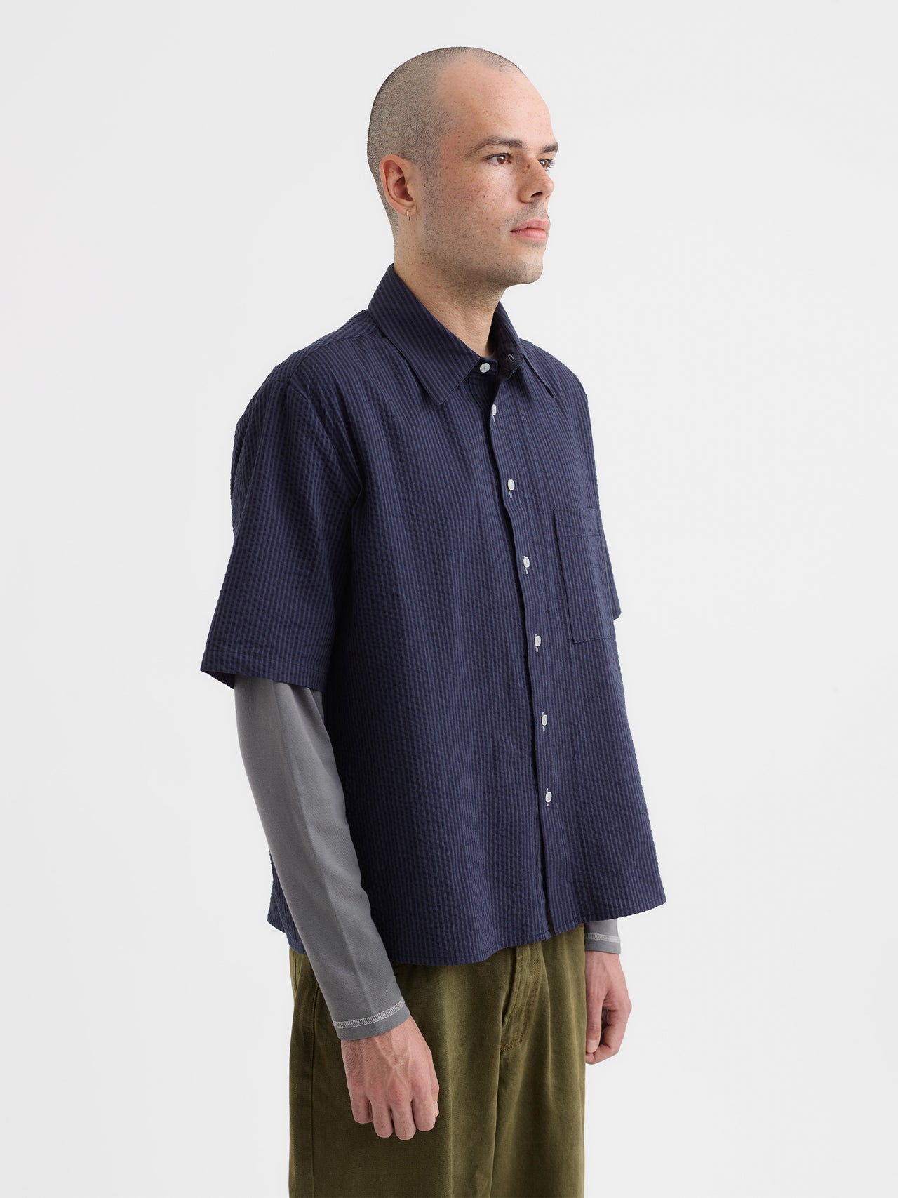 PSEUSHI Short Sleeve Seersucker Shirt Navy
