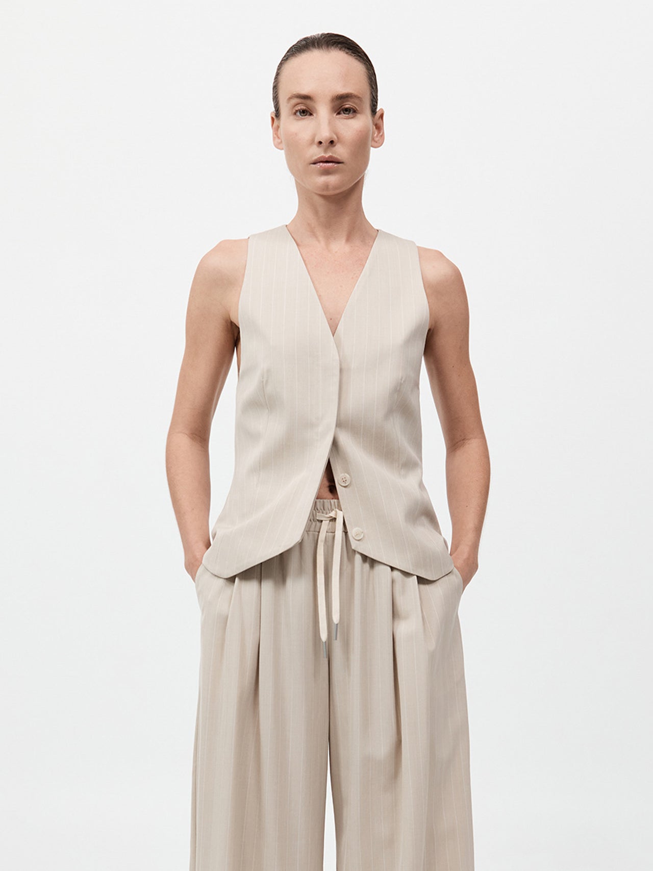 St. Agni Pinstripe Wool Vest Latte