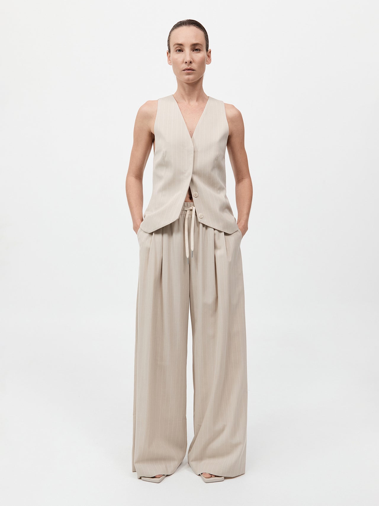 St. Agni Pinstripe Wool Vest Latte