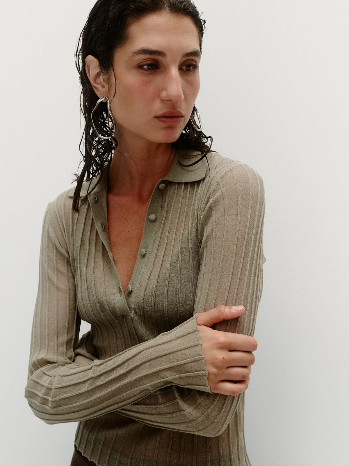 NAGNATA Sheer Pintuck Long Sleeve Sage
