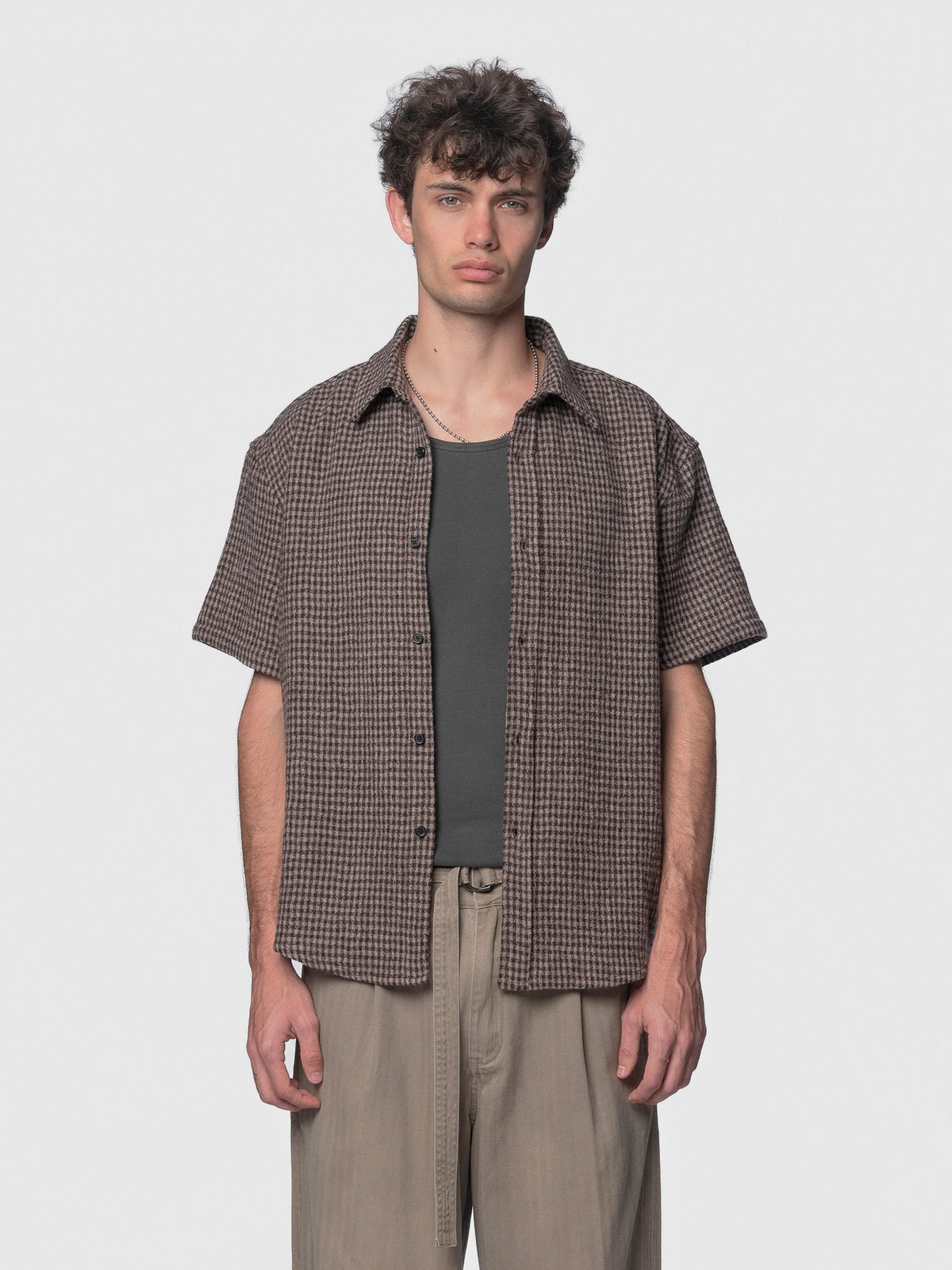 BEACH BRAINS Drop Short Sleeve Shirt Brown Check