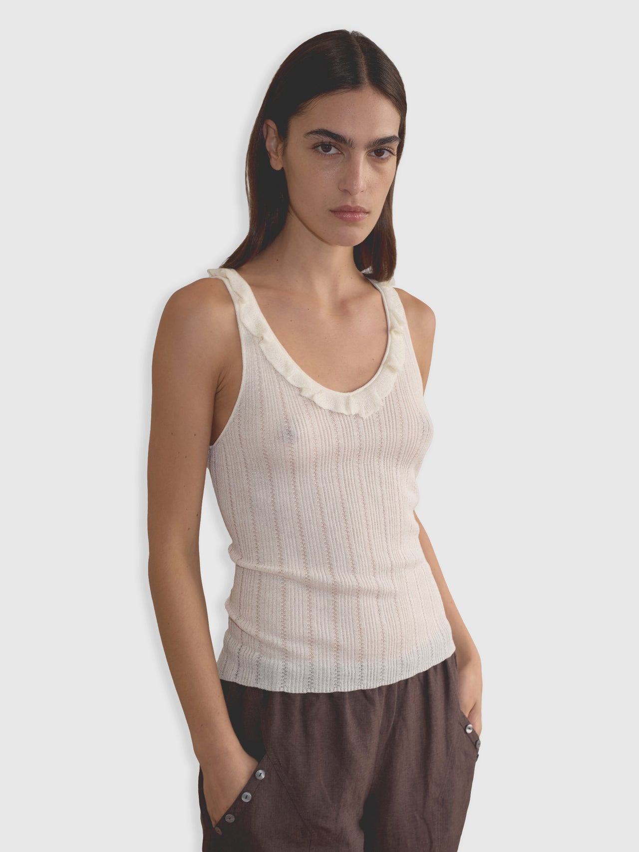 Deiji Studios Neck Ruffle Knit White