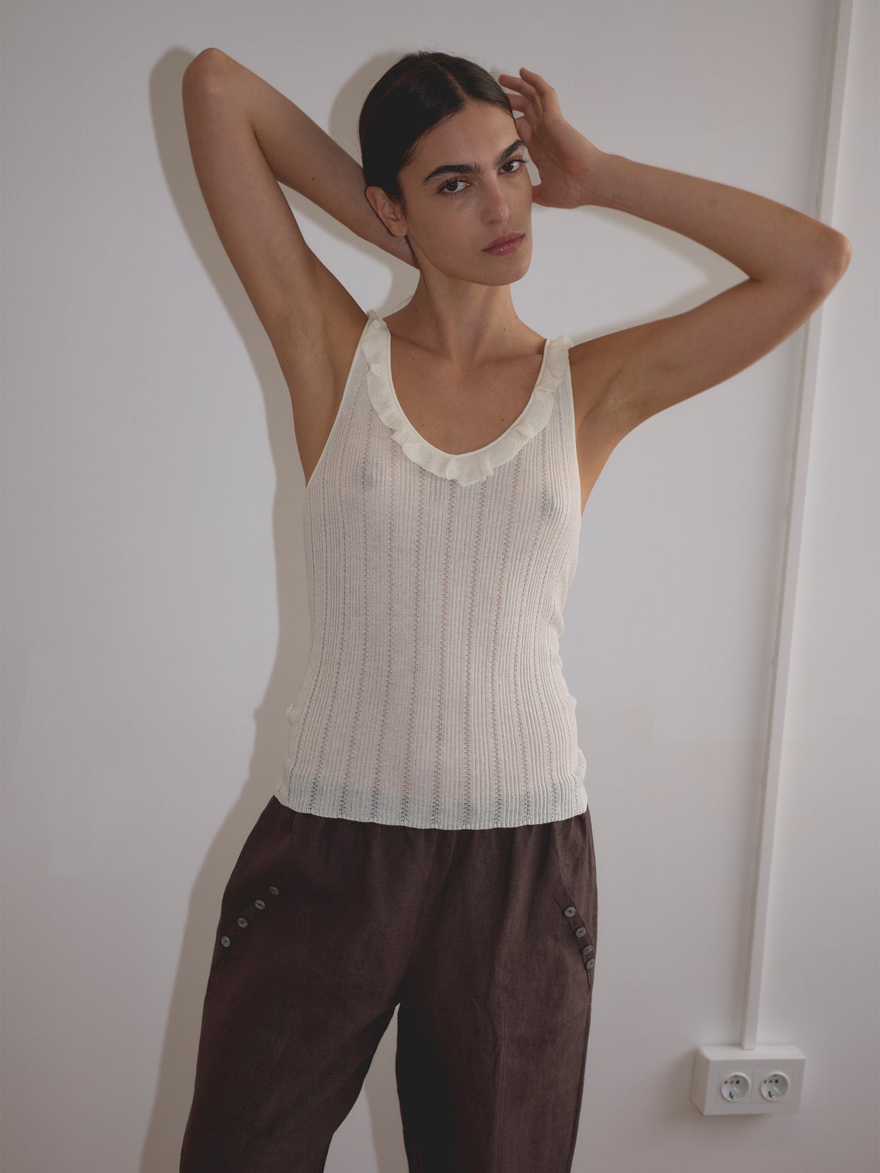 Deiji Studios Neck Ruffle Knit White