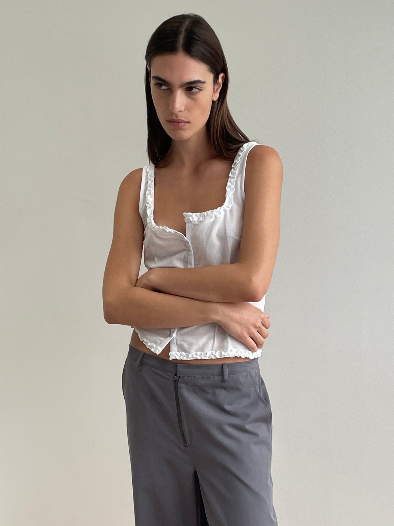 Deiji Studios Button Frill Top White