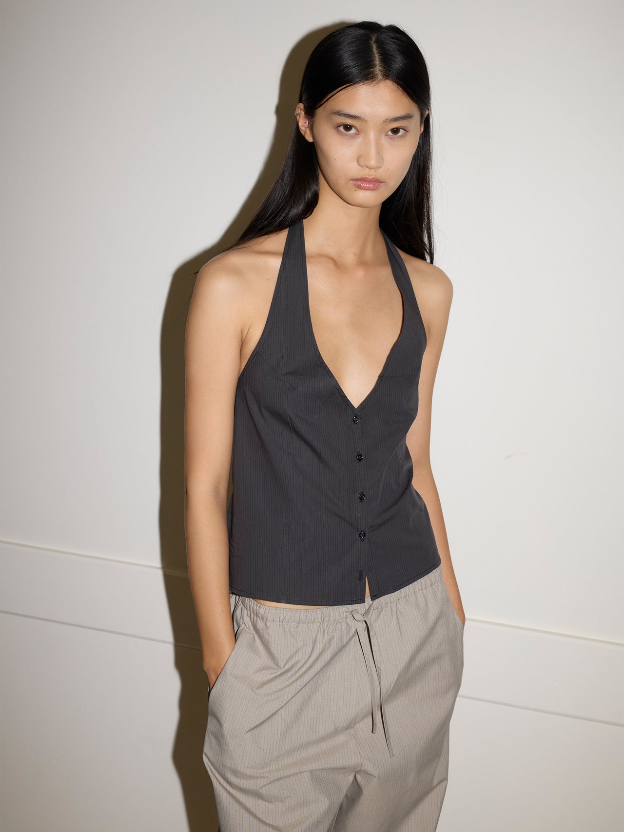 Deiji Studios Waist Halter Top Black Stripe