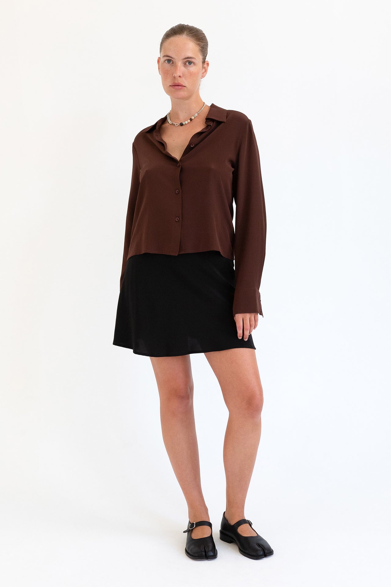 Olga Joan Classic Long Sleeve Silk Shirt Ciocco