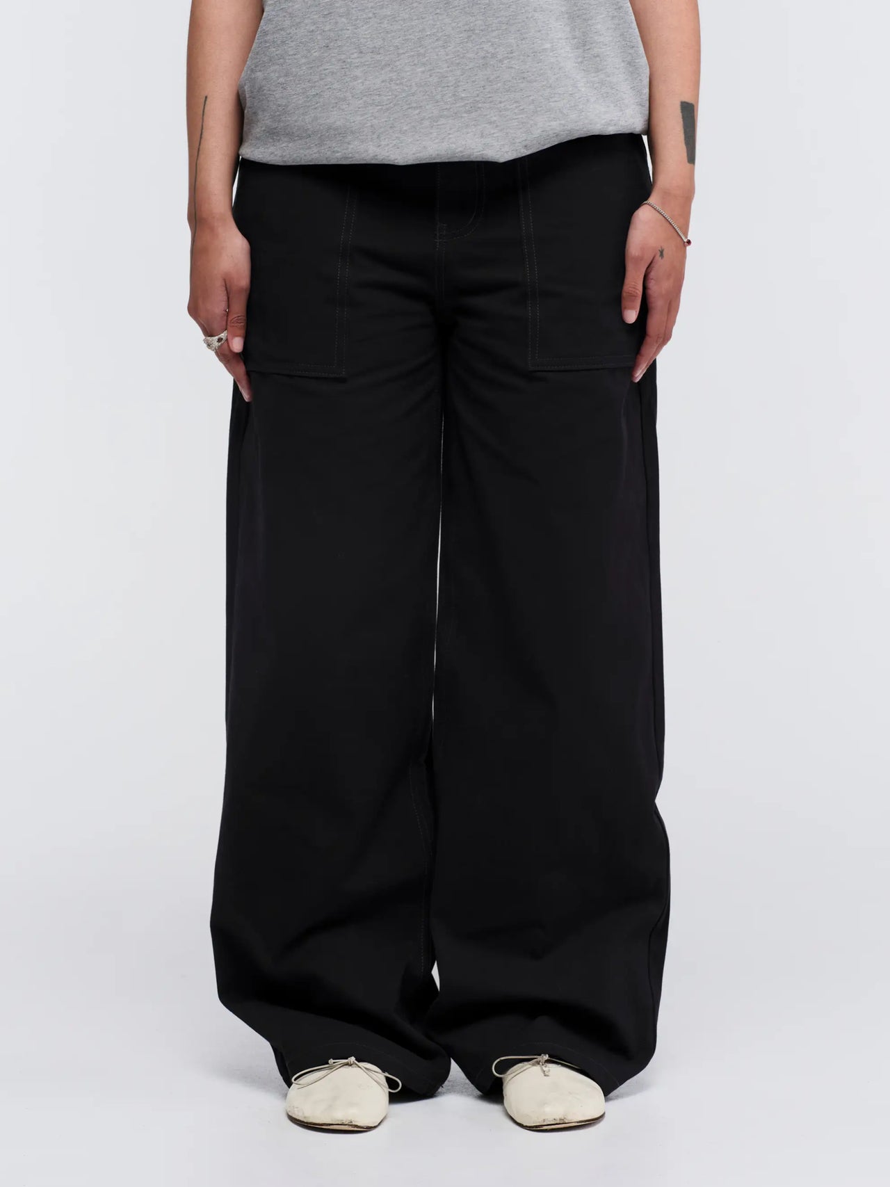 Pseushi Loose Cut Canvas Fatigue Pants Washed Black