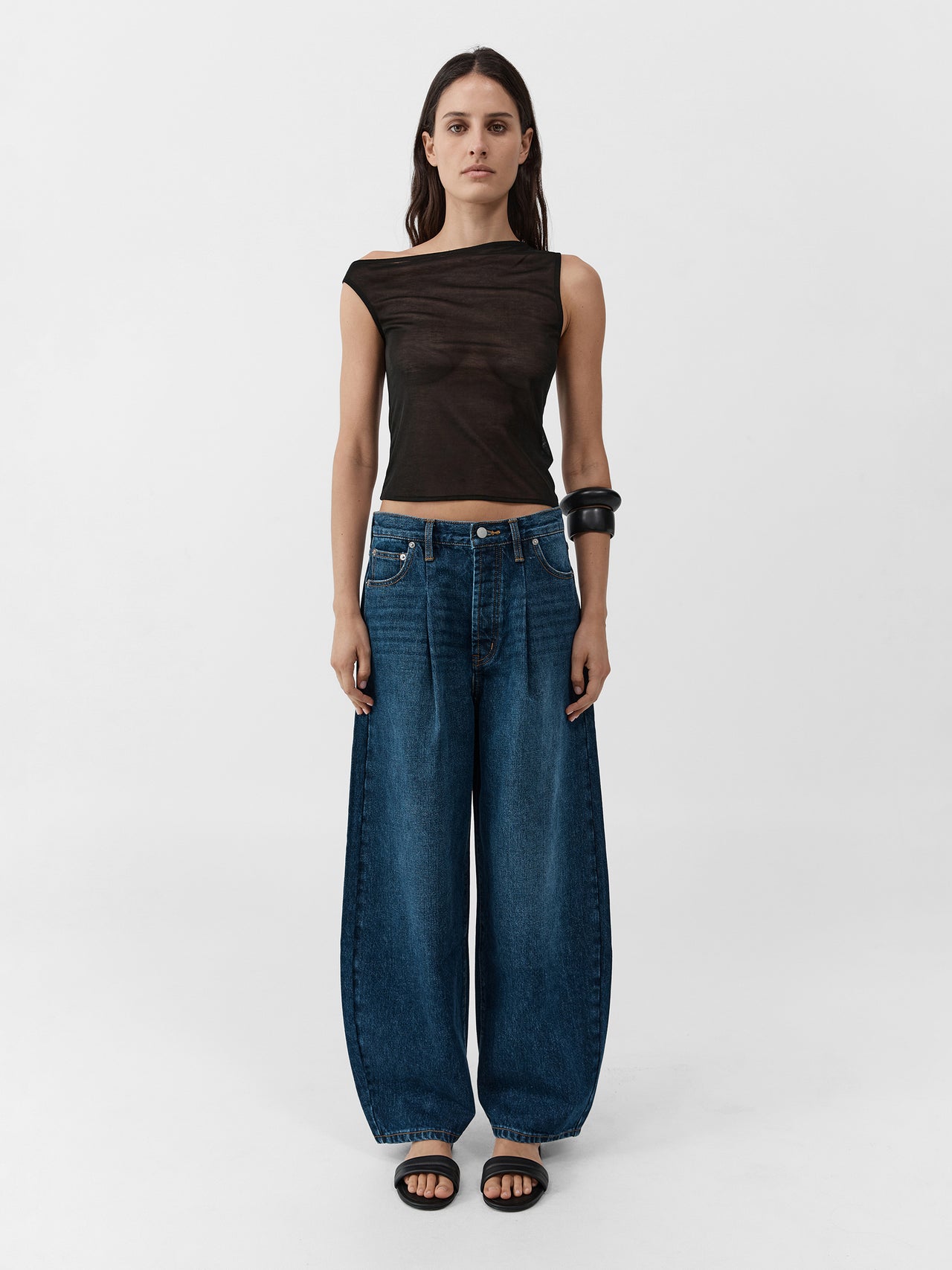 St. Agni Mid Rise Pleat Barrel Jeans Dark Indigo