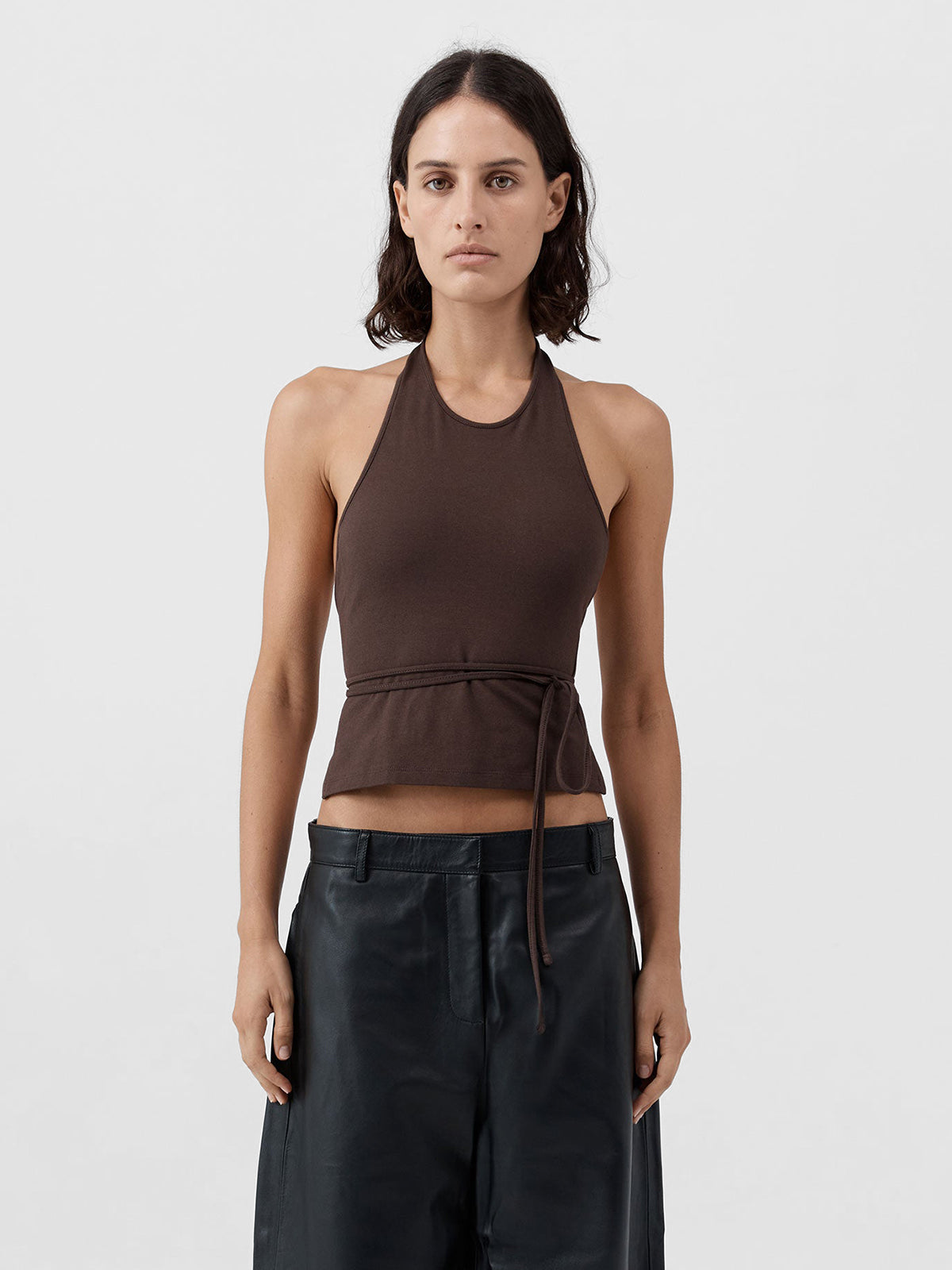 St Agni Soft Jersey Halter Top Jet Liqueur