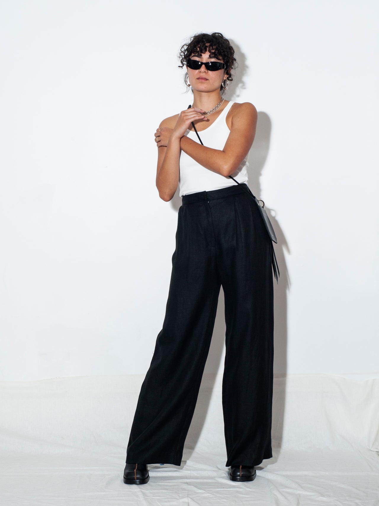 MATIN Herringbone Linen Wide Leg Pant Black